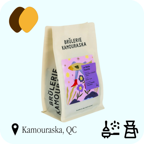 Brûlerie Kamouraska - La Belle Famille, sac de 300 g, profils Chocolaté et Caramélisé, recommandé en espresso et filtre classique