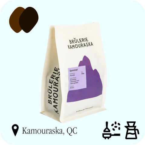Brûlerie Kamouraska - Sommet, sac de 300 g, profils Chocolaté et Corsé, recommandé en espresso et filtre classique