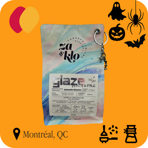 Za & Klo - Glaze Nocturne, café décaféiné de la collection Halloween, sac de 225 g, profils Fruité et Caramélisé, recommandé en espresso et filtre découverte
